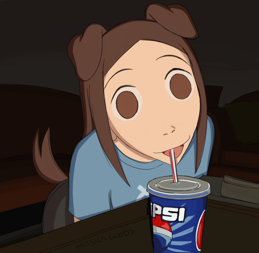 1girl absurdres animal_ears blue_shirt brown_eyes brown_hair commentary cup dilated_pupils disposable_cup dog_ears dog_girl dog_tail drinking drinking_straw english_commentary highres hitsuji_(hitsujigoods) original pepsi shirt solo t-shirt table tail upper_body vivi_(hitsujigoods) wide-eyed