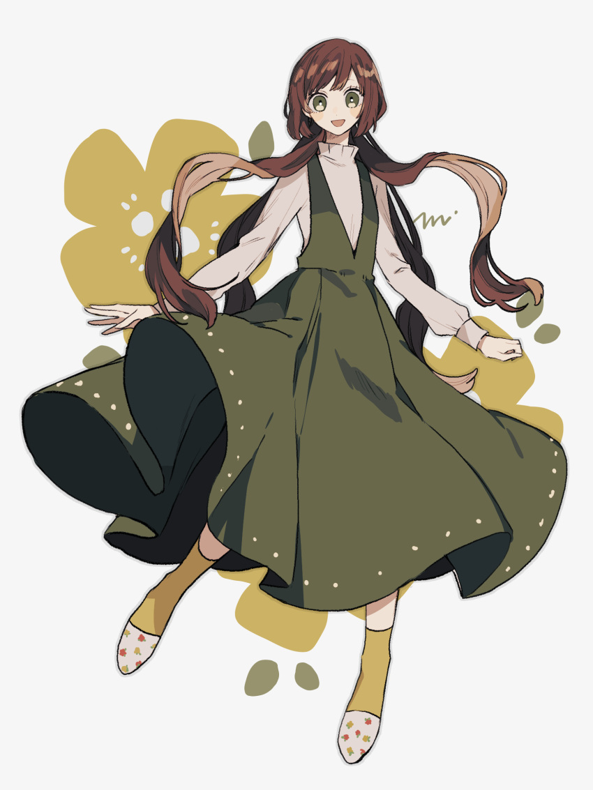 1girl :d brown_hair dress full_body green_dress green_eyes highres long_hair long_sleeves looking_at_viewer low_twintails maco22 open_mouth orange_socks original shirt simple_background sleeveless sleeveless_dress slippers smile socks solo sweater turtleneck twintails very_long_hair white_background white_shirt white_sweater yellow_socks