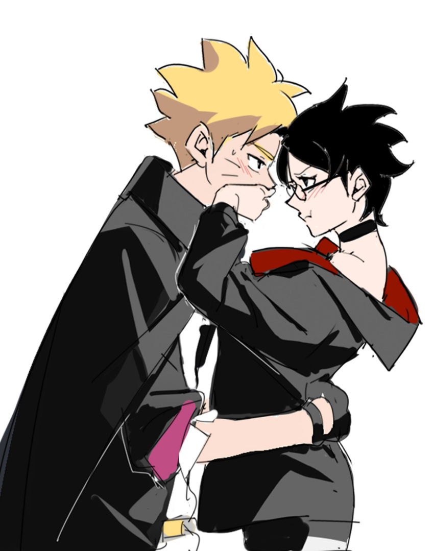 1boy 1girl black-framed_eyewear black_choker black_eyes black_gloves black_hair black_jacket blonde_hair blue_eyes blush boruto:_two_blue_vortex cat_(pixiv5891854) choker closed_mouth commentary_request covering_another's_mouth facial_mark from_side glasses gloves hand_on_another's_hip hand_on_another's_mouth highres jacket long_sleeves looking_at_another naruto_(series) pointy_hair pout profile short_hair simple_background sweatdrop uchiha_sarada uzumaki_boruto white_background