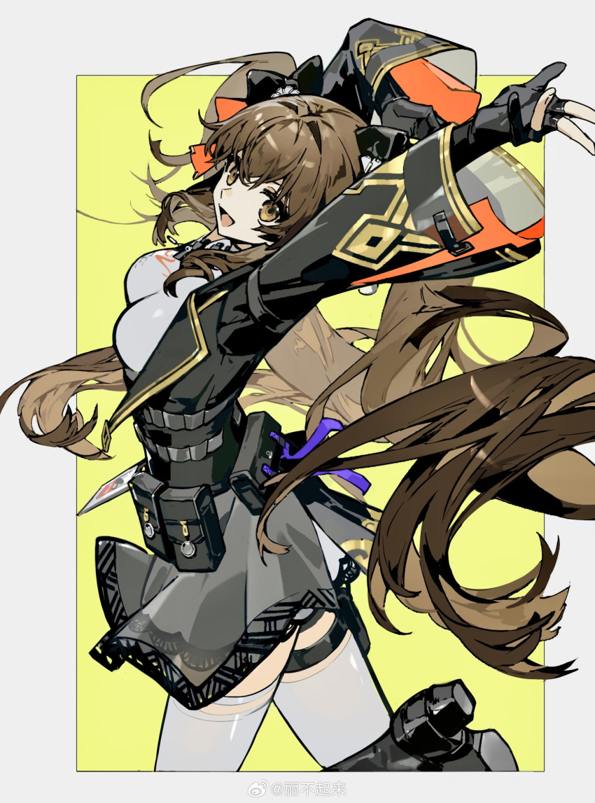 1girl absurdres arm_up black_bow black_footwear black_gloves black_skirt bow breasts brown_eyes girls'_frontline_2:_exilium girls_frontline gloves hair_bow hand_up highres id_card inset_border libuqilai long_hair looking_at_viewer open_mouth partially_fingerless_gloves skirt smile solo thigh-highs twintails two-tone_background type_97_(girls'_frontline) weibo_logo weibo_username white_background white_thighhighs yellow_background