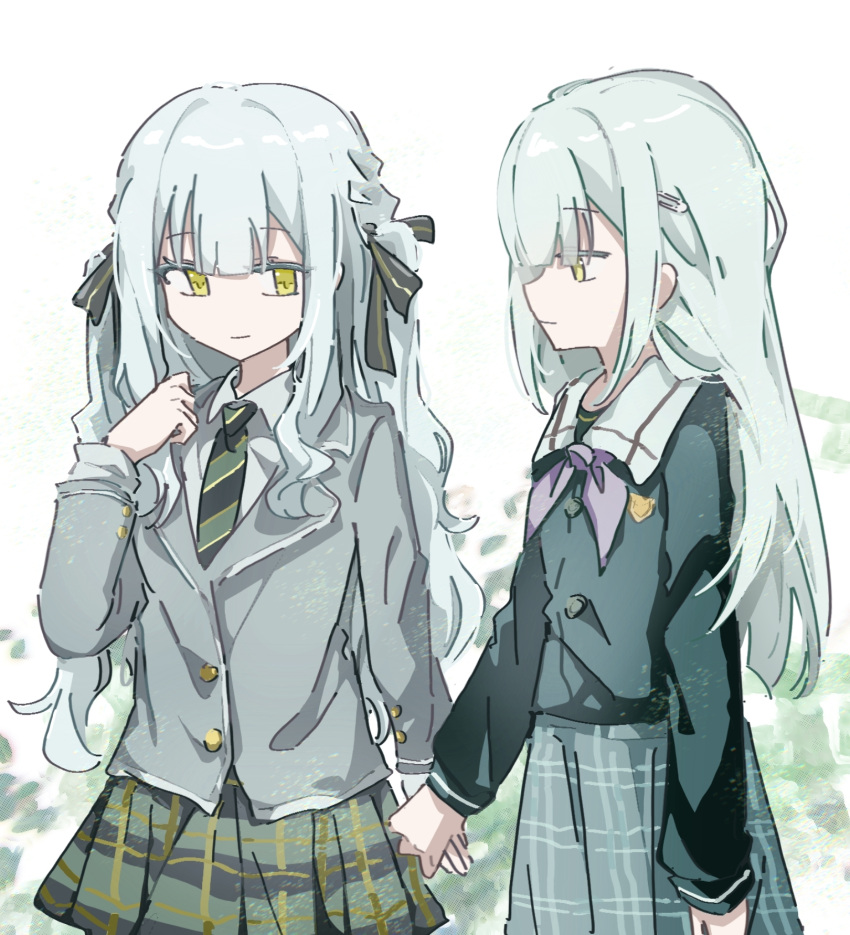 2girls bang_dream! bang_dream!_it's_mygo!!!!! black_ribbon blue_hair chinese_commentary closed_mouth collared_shirt commentary_request diagonal-striped_clothes diagonal-striped_necktie flat_chest green_hair green_necktie green_shirt green_skirt grey_jacket hair_ornament hair_ribbon hairclip highres holding_hands jacket jiekuijiangshadaonijiamenkou light_blue_hair long_hair multiple_girls neckerchief necktie no_nose plaid plaid_skirt pleated_skirt purple_neckerchief ribbon school_uniform shirt skirt smile striped_clothes togawa_sakiko wakaba_mutsumi yellow_eyes