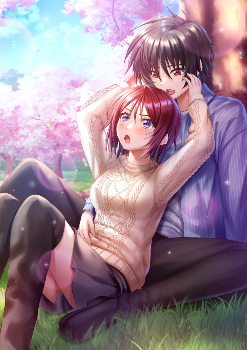 1boy 1girl :d aran_sweater arms_up black_footwear black_hair black_pants black_thighhighs blue_jacket blue_sky breasts brown_sweater cable_knit clouds cloudy_sky commentary_request day feet_out_of_frame grey_skirt gundam gundam_seed gundam_seed_destiny hair_between_eyes highres jacket knees_up lunamaria_hawke medium_breasts on_grass open_clothes open_jacket outdoors pants petals pleated_skirt red_eyes redhead shinn_asuka shirt shoes sitting sitting_on_lap sitting_on_person skirt sky smile striped_clothes striped_jacket sweater thigh-highs toshi_(1-147) tree vertical-striped_clothes vertical-striped_jacket violet_eyes white_shirt