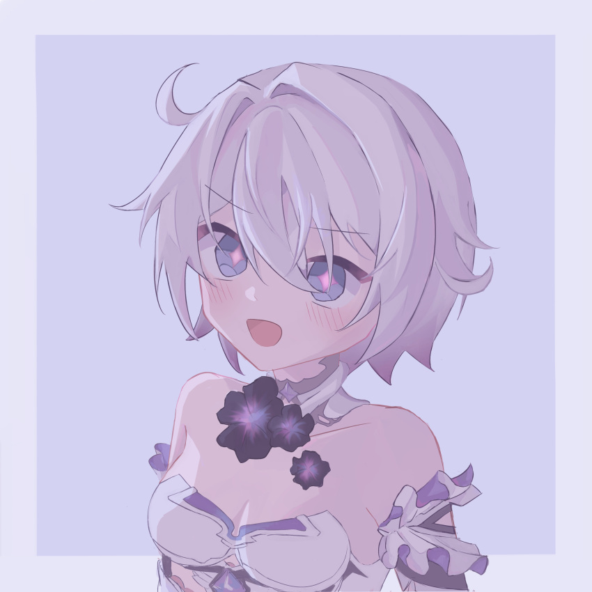 +_+ 1girl absurdres aged_down ahoge bare_shoulders breasts double-parted_bangs flower grey_background hair_between_eyes highres honkai_(series) honkai_impact_3rd k6slana kiana_kaslana kiana_kaslana_(herrscher_of_finality) open_mouth short_hair simple_background small_breasts smile solo two-tone_background upper_body white_hair