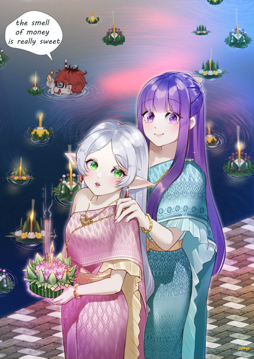 1boy 2girls absurdres blue_dress blush candle closed_mouth coin dress dungodango earrings elf fern_(sousou_no_frieren) frieren green_eyes grey_hair highres jewelry kratong long_hair looking_at_viewer loy_kratong multicolored_hair multiple_girls open_mouth pink_dress pointy_ears purple_hair redhead river smile sousou_no_frieren stark_(sousou_no_frieren) swimming thai_clothes violet_eyes water