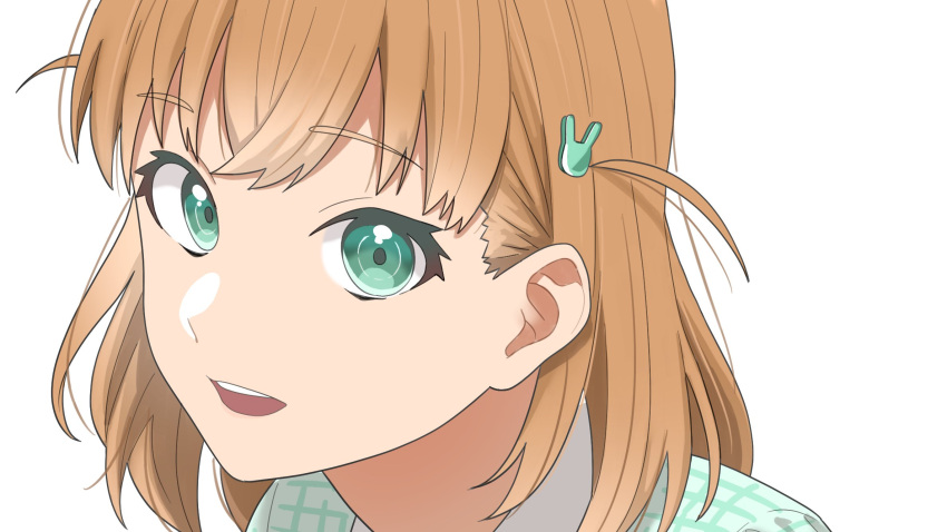1girl aqua_eyes close-up commentary crossed_bangs green_shirt hair_ornament highres hinoshita_kaho link!_like!_love_live! looking_at_viewer love_live! medium_hair open_mouth orange_hair rabbit_hair_ornament s_sho_mkrn shirt simple_background smile solo teeth two_side_up upper_teeth_only virtual_youtuber white_background