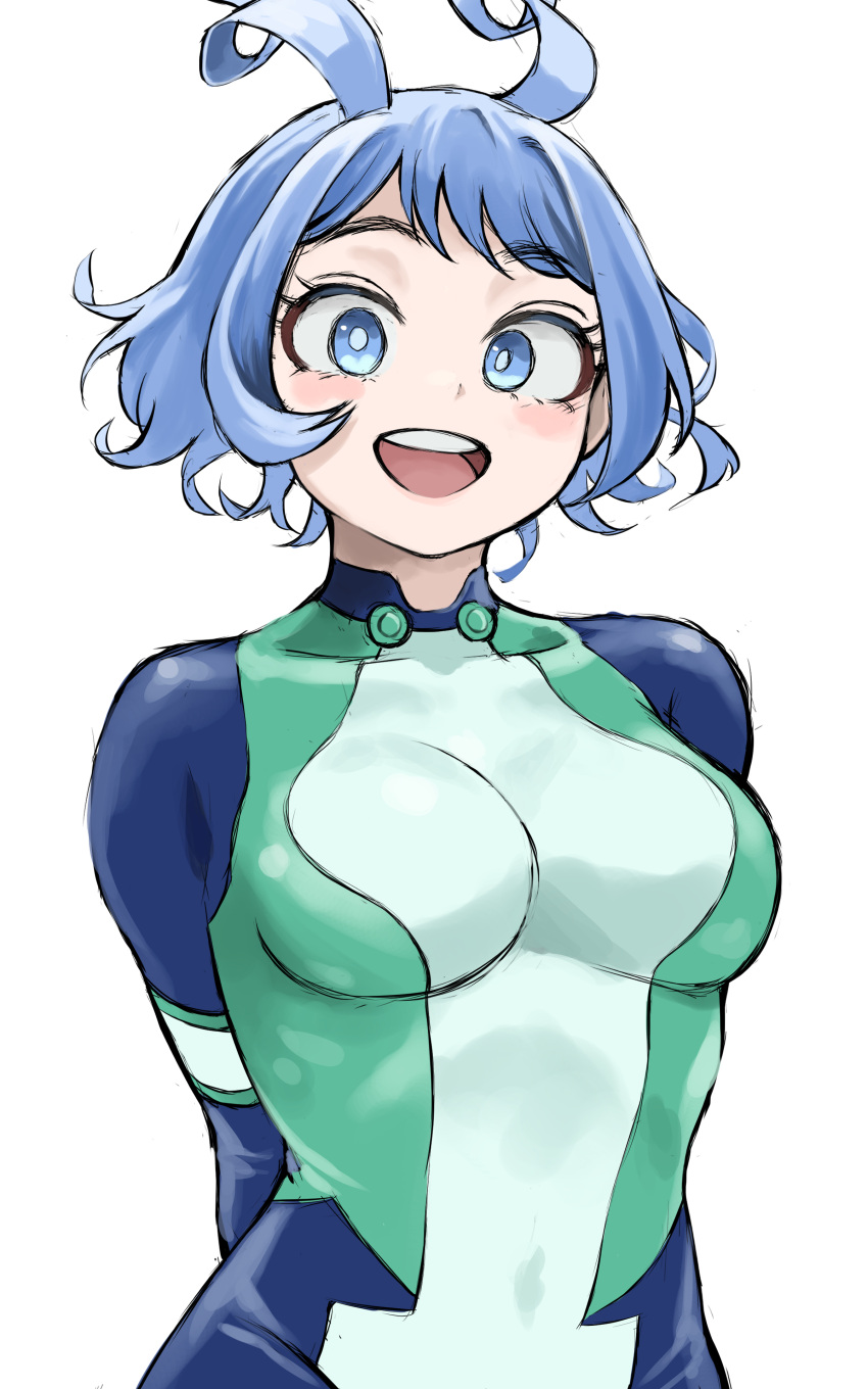 1girl :d absurdres arms_behind_back blue_bodysuit blue_eyes blue_hair bodysuit boku_no_hero_academia fengling_(furin-jp) green_bodysuit hadou_nejire hair_horns highres looking_at_viewer multicolored_bodysuit multicolored_clothes official_alternate_hair_length official_alternate_hairstyle open_mouth short_hair simple_background smile solo unfinished white_background