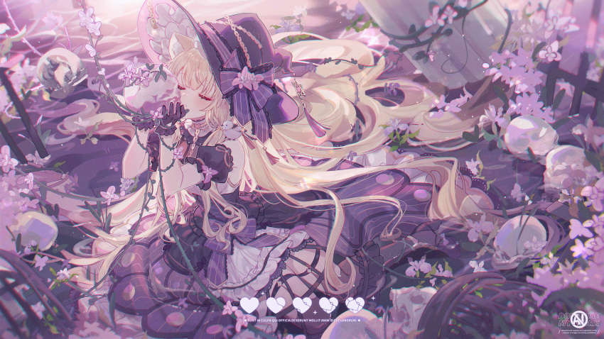 1girl animal_ear_fluff animal_ears bare_shoulders black_thighhighs blonde_hair blush broken_heart chain closed_eyes commission detached_sleeves dress flower hat heart highres kiss kissing_skull long_hair original plant purple_dress purple_sleeves short_sleeves skull solo thigh-highs umehara_sei very_long_hair vines witch witch_hat