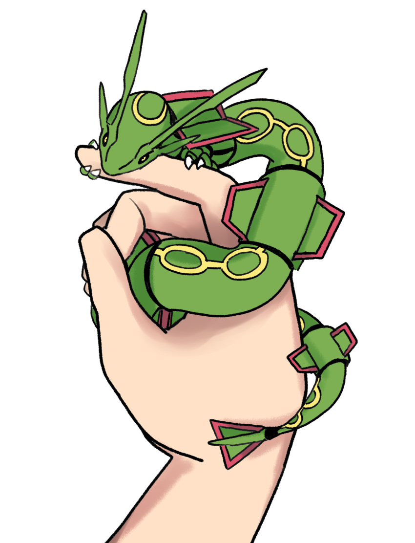 absurdres biting black_sclera claws colored_sclera dragon eastern_dragon finger_biting full_body hand_focus highres holding holding_pokemon latenight out_of_frame pokemon pokemon_(creature) rayquaza white_background yellow_eyes