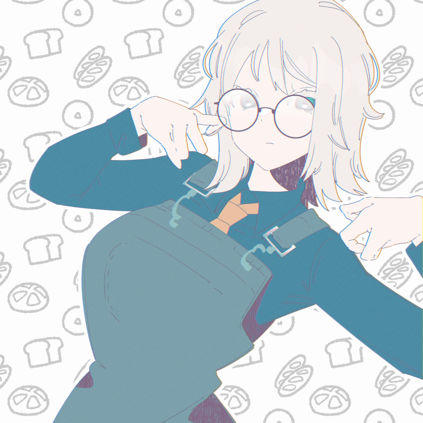 1girl absurdres apron blue_shirt collared_shirt expressionless faust_(project_moon) glasses green_apron highres limbus_company looking_at_viewer madotsuki_ren necktie patterned_background project_moon round_eyewear shirt short_hair solo upper_body white_background white_hair yellow_necktie