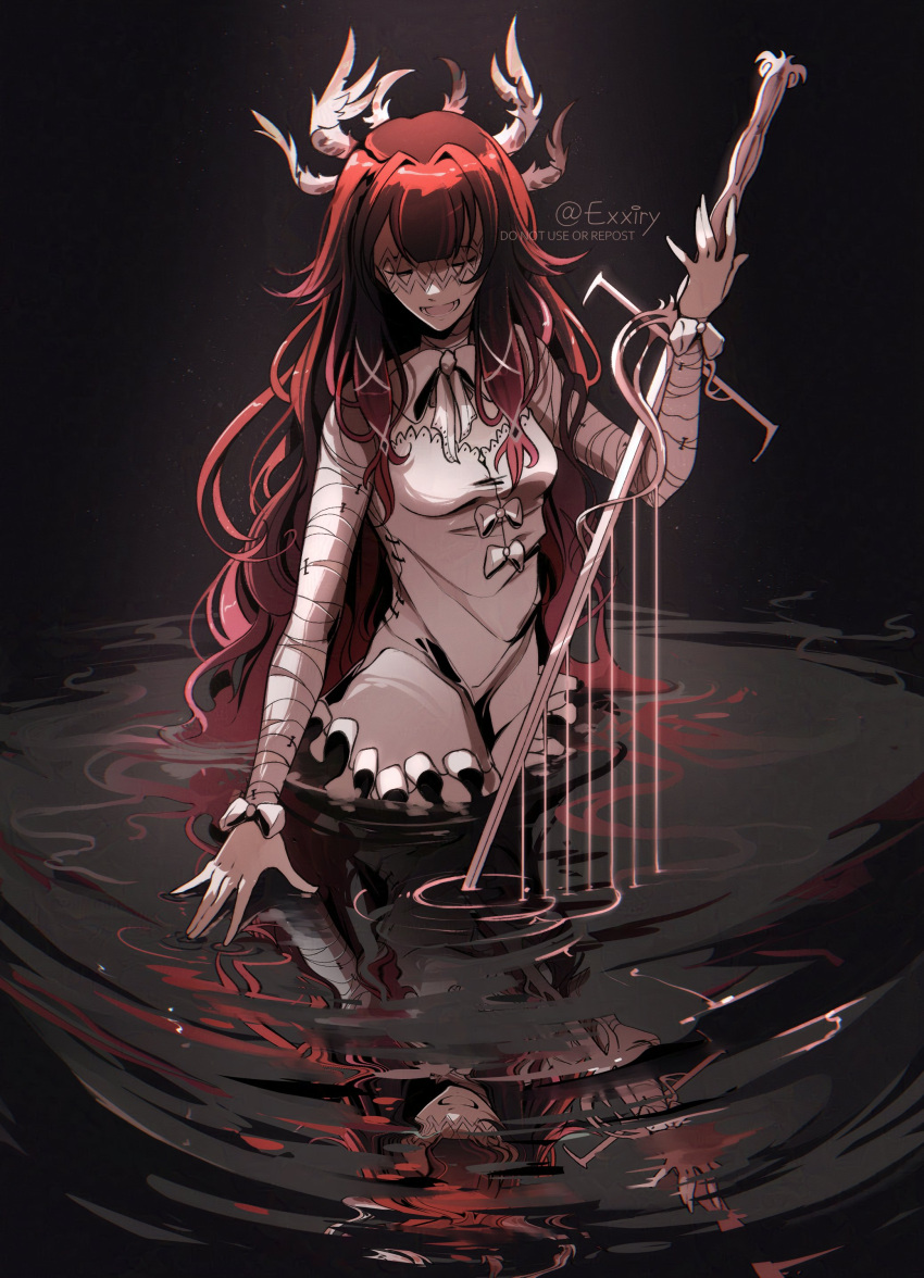 1girl absurdres blunt_bangs bow columbina_(genshin_impact) dress exxiry feathered_wings genshin_impact hair_over_eyes head_wings highres holding holding_sword holding_weapon long_hair redhead reflection ripples shaded_face solo sword wading water wavy_hair weapon white_bow white_dress white_wings wings