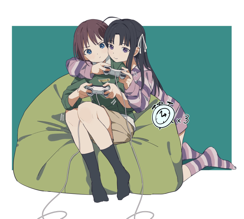 2girls ahoge arm_around_neck awa_subaru bean_bag_chair black_hair black_socks blue_eyes blush border brown_hair brown_skirt chinese_commentary closed_mouth coldcat. collared_shirt commentary_request commission controller game_controller girls_band_cry green_sweater hair_ribbon hashtag-only_commentary highres holding holding_controller holding_game_controller hood hoodie iseri_nina long_hair long_sleeves looking_at_viewer multiple_girls no_shoes outside_border parted_bangs pleated_skirt purple_hoodie purple_socks ribbon second-party_source shirt short_hair sidelocks skirt smile socks striped_clothes striped_hoodie striped_socks sweater violet_eyes white_border white_ribbon white_shirt yuri