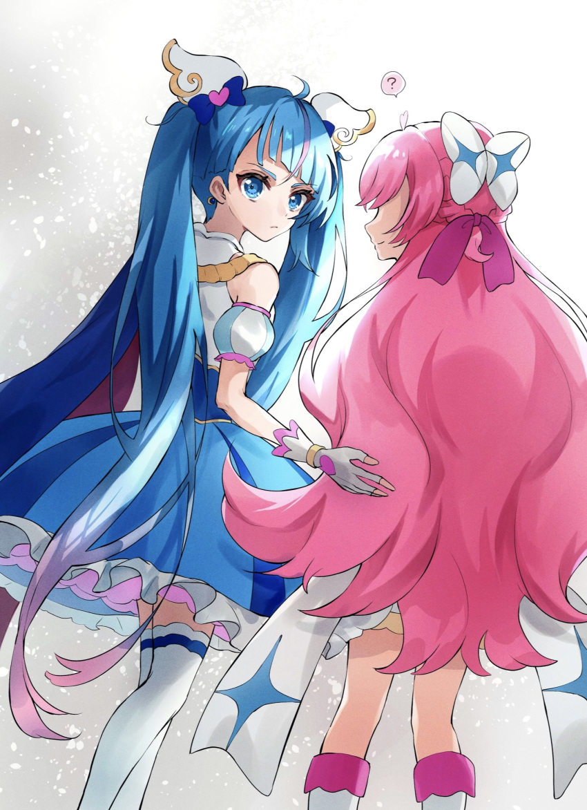 2girls ? arm_around_back blue_cape blue_dress blue_eyes blue_hair bow braid cape commentary cure_prism cure_sky cut_bangs detached_sleeves dress earrings fingerless_gloves french_braid frilled_dress frills frown gloves gradient_hair hair_bow hair_ribbon highres hirogaru_sky!_precure jewelry long_hair looking_at_viewer looking_back magical_girl medium_dress muginome_(bakuga_chan2) multicolored_hair multiple_girls nijigaoka_mashiro pink_hair precure puffy_detached_sleeves puffy_sleeves purple_ribbon red_cape ribbon single_sidelock sleeveless sleeveless_dress sora_harewataru spoken_question_mark standing streaked_hair thigh-highs twintails two-sided_cape two-sided_fabric two-tone_dress two-tone_hair very_long_hair white_bow white_dress white_gloves white_thighhighs wing_hair_ornament