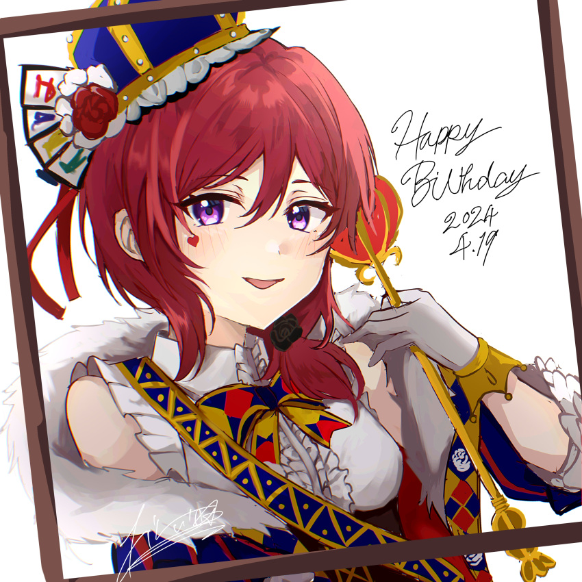 1girl absurdres alternate_hairstyle blue_hat cape center_frills collared_shirt commentary_request crown dated facial_tattoo frilled_shirt frills fur-trimmed_cape fur_trim gloves happy_birthday heart highres holding holding_scepter kiruto_(artar_12) looking_at_viewer love_live! love_live!_school_idol_festival_all_stars love_live!_school_idol_project medium_hair nishikino_maki open_mouth picture_frame redhead scepter shirt short_ponytail signature sleeveless sleeveless_shirt solo tattoo upper_body violet_eyes white_gloves white_shirt