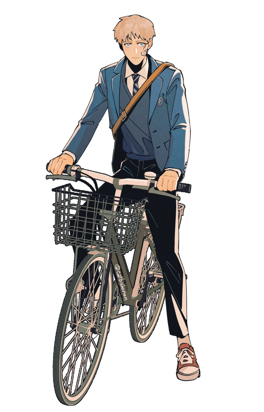 1boy adam_parrish bandaid bandaid_on_cheek bandaid_on_face bicycle blonde_hair blue_eyes blue_jacket bruise bruise_on_face catbishonen freckles full_body highres injury jacket looking_at_viewer male_focus riding riding_bicycle school_uniform short_hair simple_background solo the_raven_cycle white_background