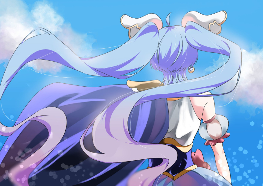 1girl antenna_hair blue_cape blue_hair cape clouds cloudy_sky cure_sky detached_sleeves earrings floating_hair from_behind hair_wings highres hirogaru_sky!_precure jewelry long_hair magical_girl precure puffy_detached_sleeves puffy_sleeves rena_ponzuuu single_earring sky solo sora_harewataru twintails