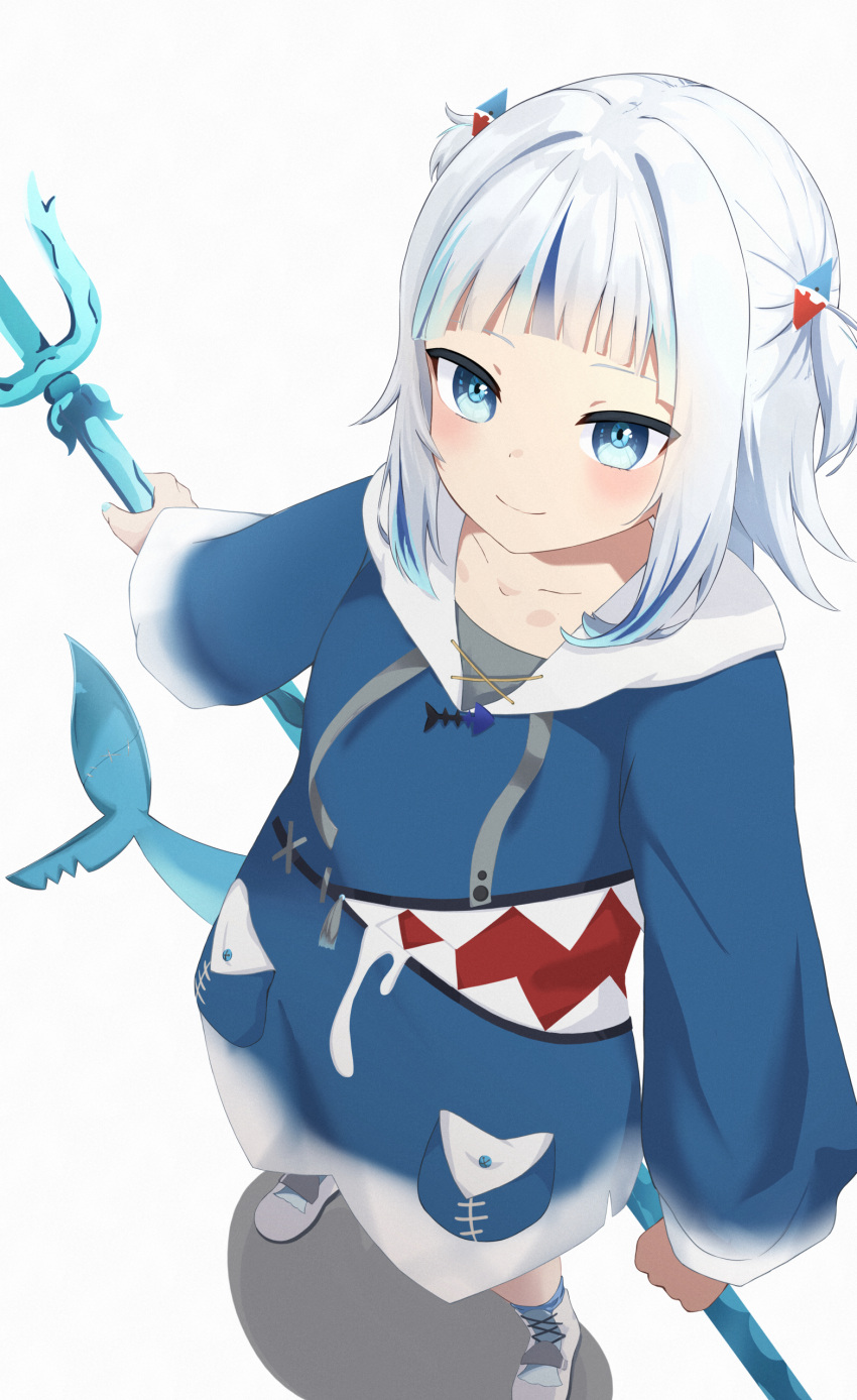 1girl absurdres animal_costume blue_eyes blue_hair blue_hoodie blue_socks fins fish_tail gawr_gura gawr_gura_(1st_costume) gessshi hair_ornament highres holding_trident hololive hololive_english hood hoodie looking_at_viewer medium_hair multicolored_hair shark_costume shark_girl shark_hair_ornament shark_tail shoes smile sneakers socks solo streaked_hair tail two_side_up virtual_youtuber white_footwear white_hair
