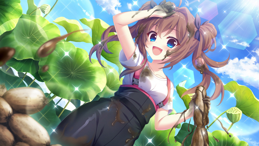 1girl :d ahoge arm_up bare_arms black_bow black_overalls blue_eyes blue_sky bow breasts brown_hair clouds cloudy_sky collarbone day dirty dirty_clothes dirty_hands dot_nose dutch_angle fang film_grain from_below game_cg hair_bow holding izumi_tsubasu lens_flare long_hair lotus_leaf lotus_pod lotus_root medium_breasts mud non-circular_lens_flare non-web_source official_art open_mouth outdoors overalls re:stage! shikimiya_aone shirt short_sleeves sky smile solo sparkle sunlight t-shirt two_side_up white_shirt