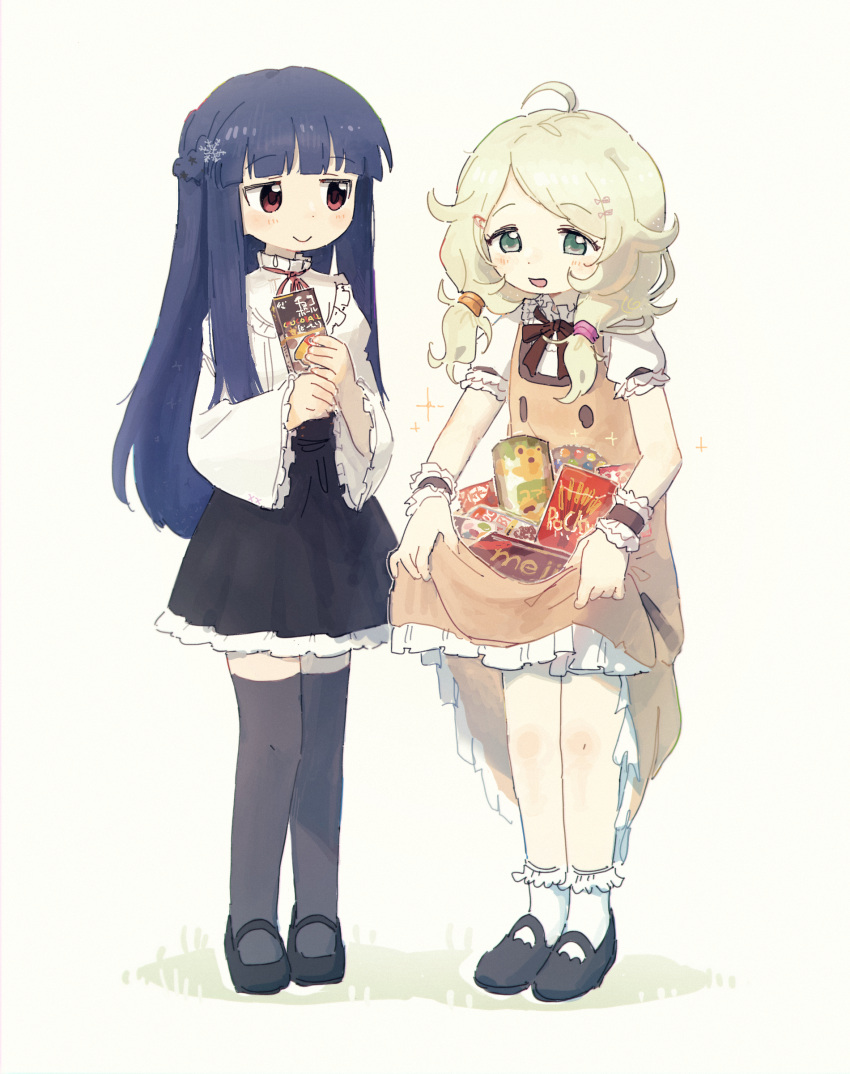 2girls absurdres black_footwear black_skirt black_thighhighs blonde_hair blue_hair blunt_bangs blush brown_dress brown_ribbon candy closed_mouth commentary_request dress food frilled_shirt_collar frills full_body green_eyes hair_over_shoulder half_up_braid highres holding holding_food idolmaster idolmaster_cinderella_girls long_hair long_sleeves looking_at_another low_twintails mary_janes meiji_milk_chocolate morinaga_chocoball multiple_girls neck_ribbon nendo23 open_mouth pinafore_dress pocky puffy_short_sleeves puffy_sleeves red_eyes red_ribbon ribbon sajo_yukimi shirt shoes short_sleeves simple_background skirt skirt_basket skirt_hold sleeveless sleeveless_dress smile snack socks sparkle standing thigh-highs twintails white_background white_shirt white_socks yusa_kozue