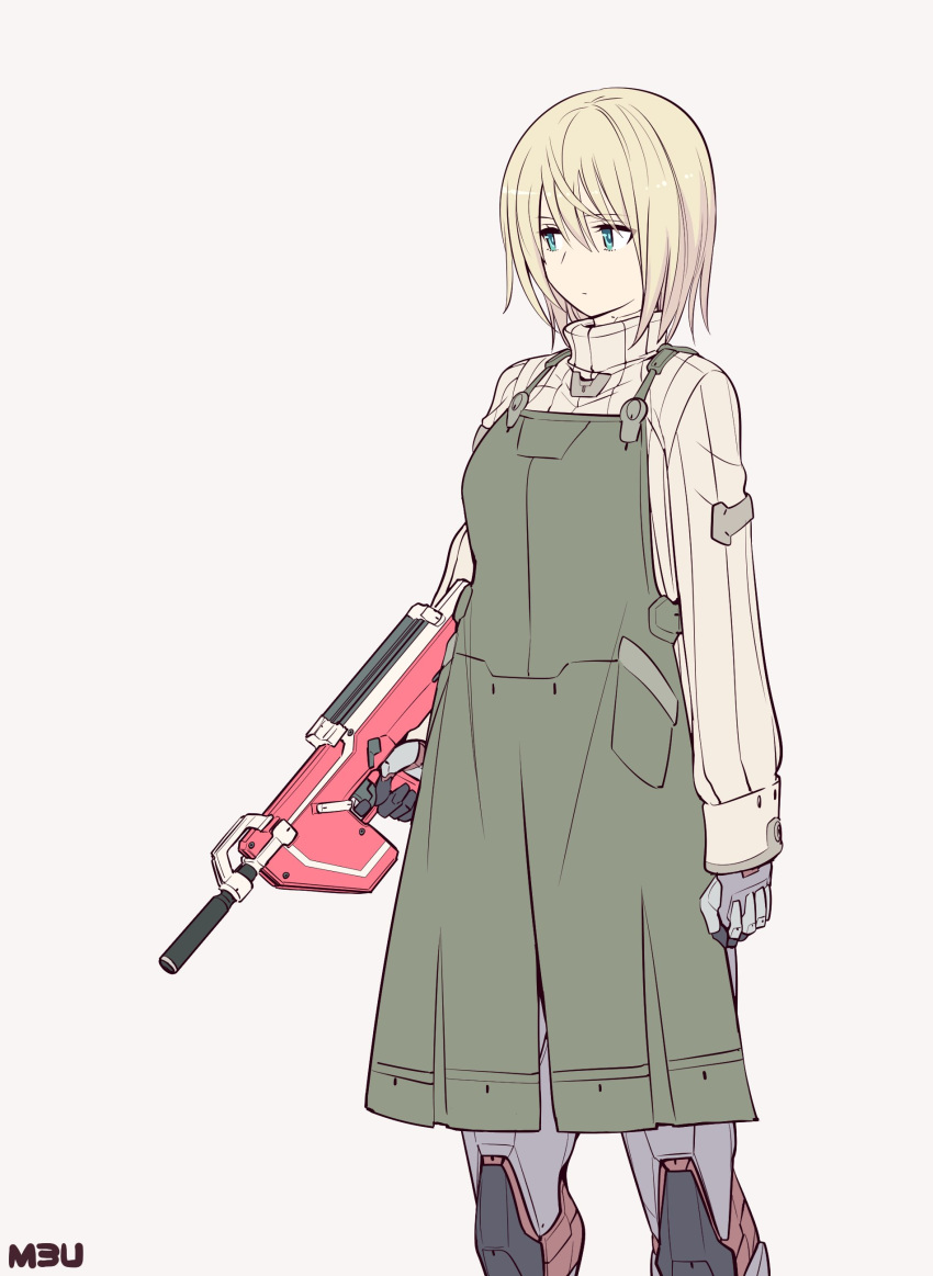1girl absurdres android apron commentary gun hair_between_eyes highres holding holding_gun holding_weapon ishiyumi joints long_sleeves machine_gun mechanical_arms mechanical_buddy_universe mechanical_legs momdroid_(mechanical_buddy_universe) mother's_day robot_joints science_fiction shirt short_hair weapon