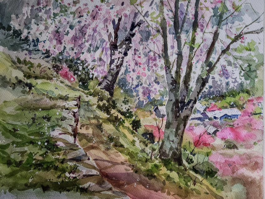akemisuisai building cherry_blossoms day forest grass hill nature no_humans original painting_(medium) path photo_(medium) scenery shadow sunlight traditional_media tree tree_shade watercolor_(medium)