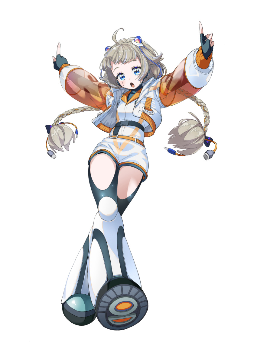 1girl :o ahoge android arms_up belt black_gloves blue_eyes boots braid crossed_legs dot_nose fingerless_gloves full_body galgaal4846 gloves grey_hair highres jacket joints layered_clothes layered_sleeves long_hair long_sleeves open_clothes open_jacket open_mouth orange_belt orange_sleeves orange_trim pointing pointing_up raised_eyebrows robot_joints see-through see-through_sleeves shirt shoe_soles shorts simple_background sleeve_cuffs small_horns solo standing strap teeth thigh-highs thigh_boots twin_braids upper_teeth_only waktaverse white_background white_footwear white_jacket white_shirt white_shorts wing_collar