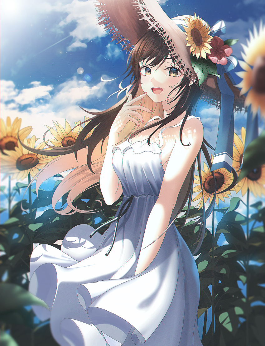 1girl absurdres bare_shoulders blue_sky blurry brown_eyes brown_hair clouds commentary_request depth_of_field dress feet_out_of_frame flower hand_up hansul hat hat_flower highres long_hair looking_at_viewer open_mouth original outdoors sky sleeveless sleeveless_dress smile solo standing straw_hat sun sun_hat sundress sunflower white_dress