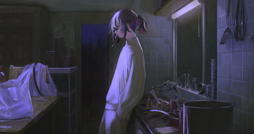 1boy bag dark from_side glass hand_in_pocket highres indie_virtual_youtuber kitchen leaning_back looking_down male_focus multicolored_hair night plastic_bag rit3set short_ponytail sweater table two-tone_hair utensil_in_mouth virtual_youtuber window yagiowl