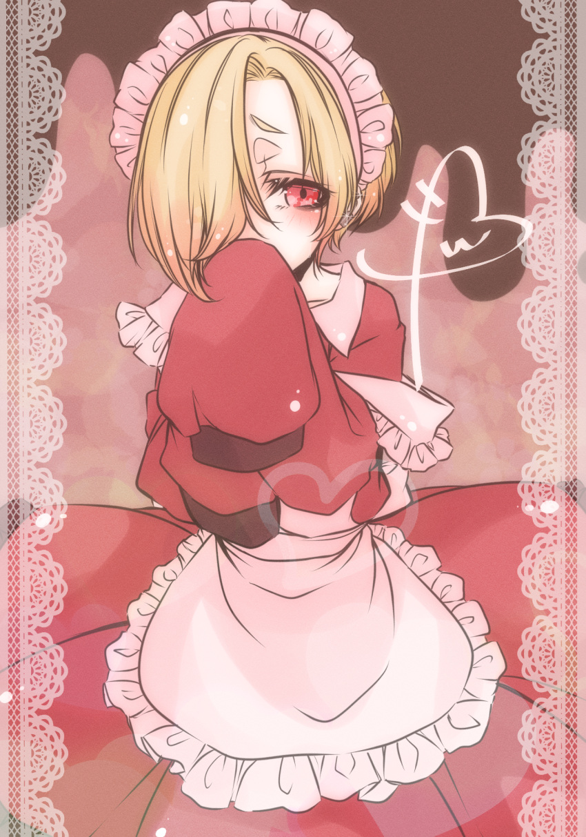 1girl apron blonde_hair blush covering_own_mouth dress frilled_apron frills hair_over_one_eye hana_kaido highres idolmaster idolmaster_cinderella_girls looking_at_viewer maid maid_apron maid_headdress red_dress red_eyes shirasaka_koume short_hair sleeves_past_fingers sleeves_past_wrists solo valentine white_apron
