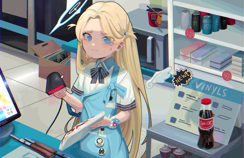 1girl @_@ absurdres angel's_24_uniform_(blue_archive) apron barcode_scanner blonde_hair blue_apron blue_archive blue_eyes blue_halo bow bowtie closed_mouth coca-cola commentary cowboy_shot crying crying_with_eyes_open detached_wings forehead gun halo highres holding_scanner indoors irreligiositat long_hair looking_at_viewer mini_wings parted_bangs ramen rifle scrunchie shirt short_sleeves soda_bottle solo sora_(blue_archive) standing store_clerk striped_bow striped_bowtie striped_clothes tears two_side_up very_long_hair weapon white_shirt white_wings wings wrist_scrunchie