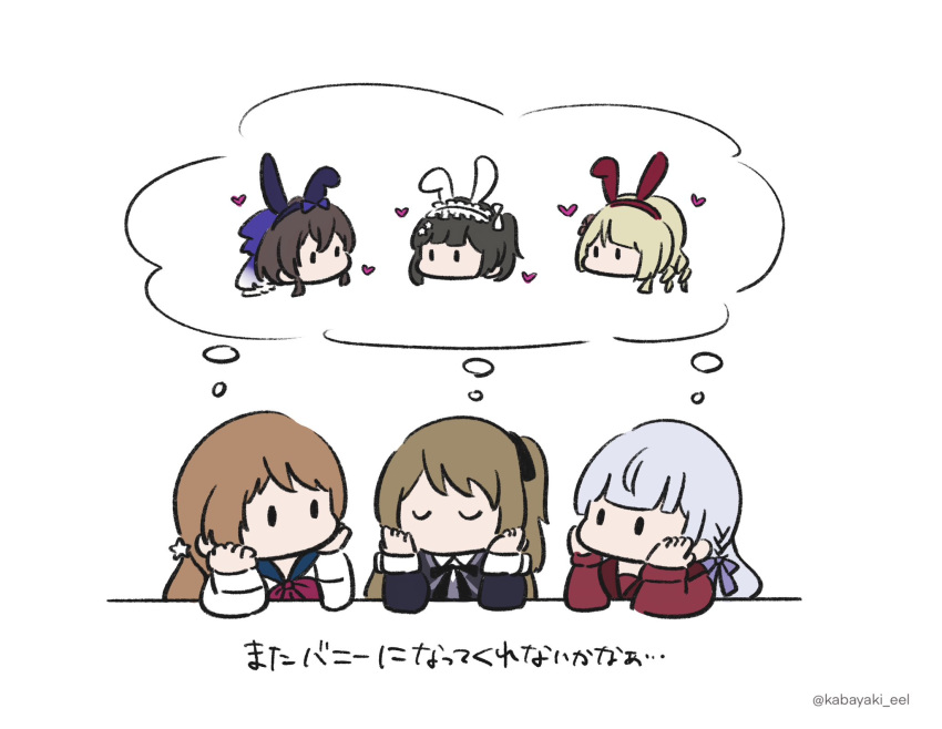 6+girls animal_ears assault_lily black_hair black_ribbon blonde_hair blue_bow blue_hairband blunt_bangs bow bow_hairband bowtie braid brown_hair brown_sailor_collar chibi closed_eyes collared_shirt commentary elbows_on_table fake_animal_ears frilled_hairband frills gradient_bow grey_hair hair_bow hair_ornament hairband hands_on_own_cheeks hands_on_own_face head_rest heart herensuge_girls_academy_school_uniform highres iijima_renka jacket kabayaki_(kabayaki_eel) kanba_girls_high_school_uniform kon_kanaho kuo_shenlin long_hair long_sleeves looking_ahead miyagawa_takane multiple_girls neck_ribbon no_mouth official_alternate_costume one_side_up purple_ribbon rabbit_ears red_bow red_bowtie red_hairband red_shirt ribbon sailor_collar school_uniform serafuku serizawa_chikaru shared_thought_bubble shirt side_braid simple_background solid_oval_eyes star_(symbol) star_hair_ornament thinking thought_bubble translated twitter_username two-tone_bow wang_yujia white_background white_bow white_hairband white_jacket yurigaoka_girls_academy_school_uniform