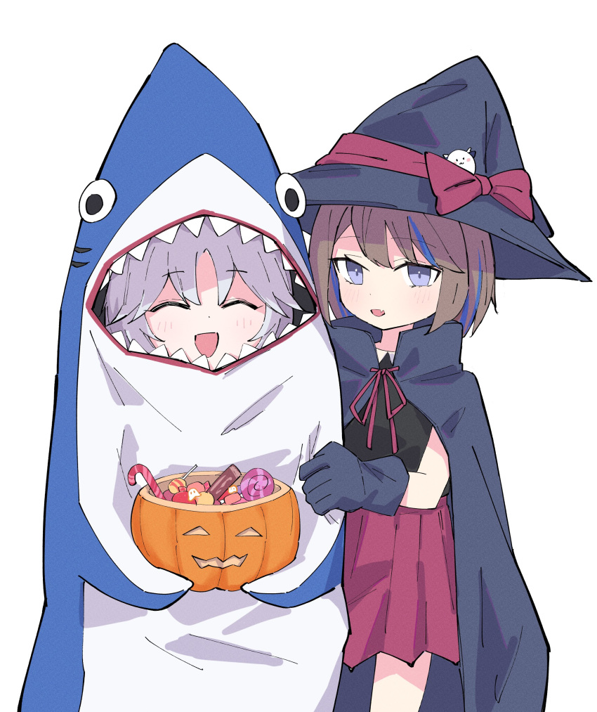 2girls :d absurdres aged_down airi_kanna animal_costume ayatsuno_yuni behind_another black_shirt blue_cloak blue_gloves blue_hair blue_hat blush bow candy candy_cane cloak closed_eyes commentary_request cowboy_shot dot_nose facing_viewer fang food gloves grey_hair halloween_costume hat highres holding holding_another's_arm holding_food holding_pumpkin holding_vegetable jack-o'-lantern lollipop looking_at_viewer miniskirt morphling_(artist) multicolored_hair multiple_girls open_mouth pleated_skirt pumpkin raised_eyebrows red_bow red_ribbon red_skirt ribbon shark_costume shirt short_hair simple_background skin_fang skirt smile stellive streaked_hair swept_bangs swirl_lollipop vegetable violet_eyes virtual_youtuber white_background witch_hat