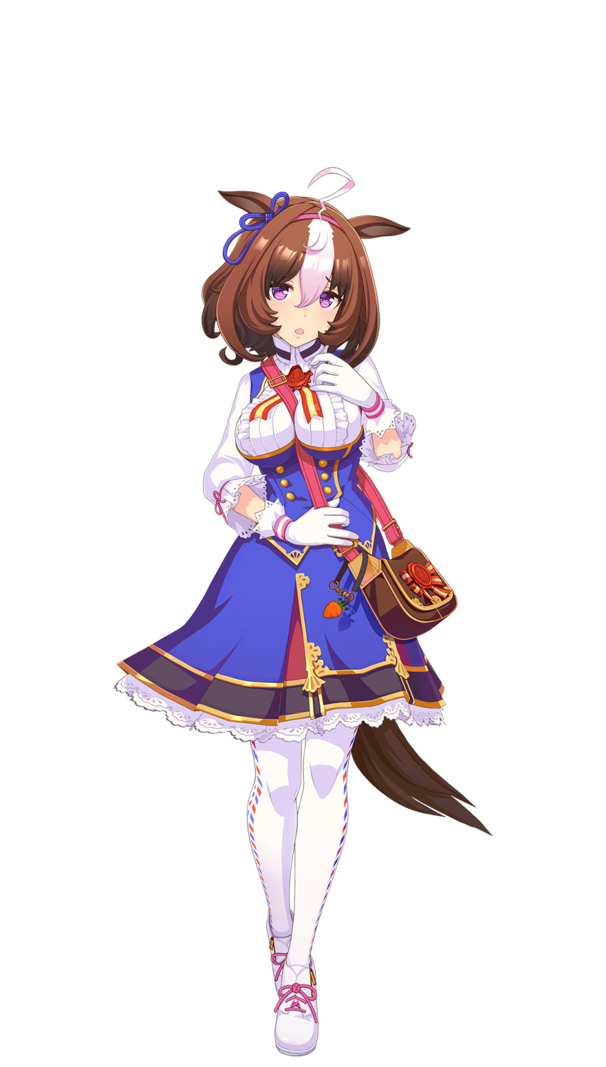 1girl ahoge animal_ears bad_link between_breasts breasts brown_hair ear_ribbon full_body game_model gloves hair_between_eyes hairband highres horse_ears horse_girl horse_tail large_breasts long_sleeves looking_at_viewer meisho_doto_(umamusume) multicolored_hair open_mouth pink_hairband puffy_sleeves ribbon short_hair skirt solo standing strap_between_breasts tachi-e tail transparent_background two-tone_hair umamusume violet_eyes white_gloves white_hair