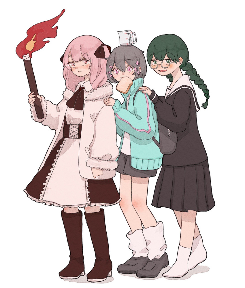 3girls adipocere_(vocaloid) black_footwear black_hair black_serafuku black_shorts black_skirt blue_jacket blush boots braid bread bread_slice cevio closed_mouth clover_knight_(vocaloid) collared_shirt corset creator_connection fire flower food food_in_mouth from_side glasses green_eyes green_hair hair_flower hair_ornament hands_on_another's_shoulders high_heel_boots high_heels highres holding holding_torch jacket knee_boots kyu-kurarin_(cevio) leg_warmers lineup loafers long_hair long_sleeves looking_to_the_side low_twin_braids measuring_cup mouth_hold multiple_girls object_on_head open_clothes open_jacket open_mouth pink_eyes pink_flower pink_hair sabaku_(saba9) sailor_collar school_uniform serafuku shirt shoes short_hair short_shorts shorts skirt smile socks songover torch track_jacket twin_braids vocaloid white_background white_sailor_collar white_shirt white_socks