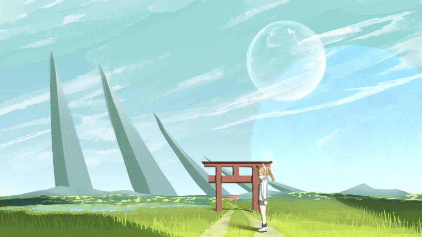 1girl animal_ear_fluff animal_ears black_shorts blonde_hair blue_eyes blue_sky clouds commentary_request concept_art day fox_ears full_moon glasses grass highres jacket kuro_kosyou long_sleeves looking_at_viewer moon original outdoors path ponytail scenery shoes shorts sky solo standing torii white_footwear white_jacket