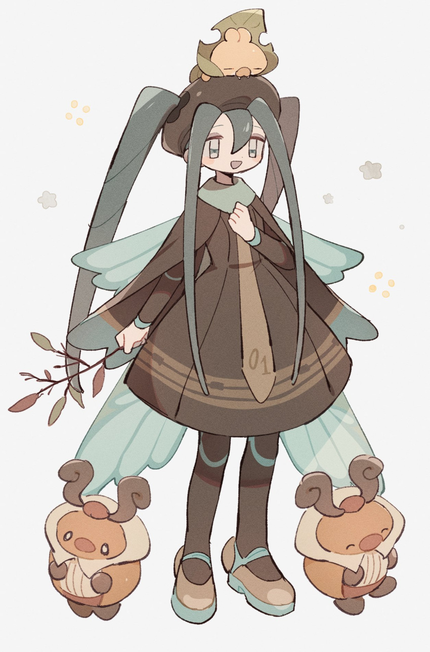 1girl aqua_hair black_hat black_pantyhose branch brown_dress bug_miku_(project_voltage) butterfly_wings clenched_hands dress full_body hatsune_miku highres holding holding_branch insect_wings kricketot long_bangs long_hair mary_janes nodori710 official_alternate_costume open_mouth pantyhose pokemon pokemon_(creature) project_voltage sewaddle shoes simple_background twintails vocaloid white_background wings