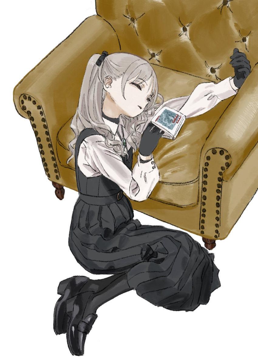 1girl against_object armchair black_dress black_footwear black_gloves black_pantyhose bolo_tie book brown_hair chair closed_eyes collared_shirt dress from_above from_side gloves gomibako_(gomibako_price) highres holding holding_book loafers long_hair long_sleeves on_floor original outstretched_arm pantyhose parted_lips pinafore_dress pleated_dress profile shirt shoes simple_background sitting sleeping sleeping_upright sleeveless sleeveless_dress solo two_side_up undershirt white_background white_shirt yukino_kanna_(gomibako_(gomibako_price))