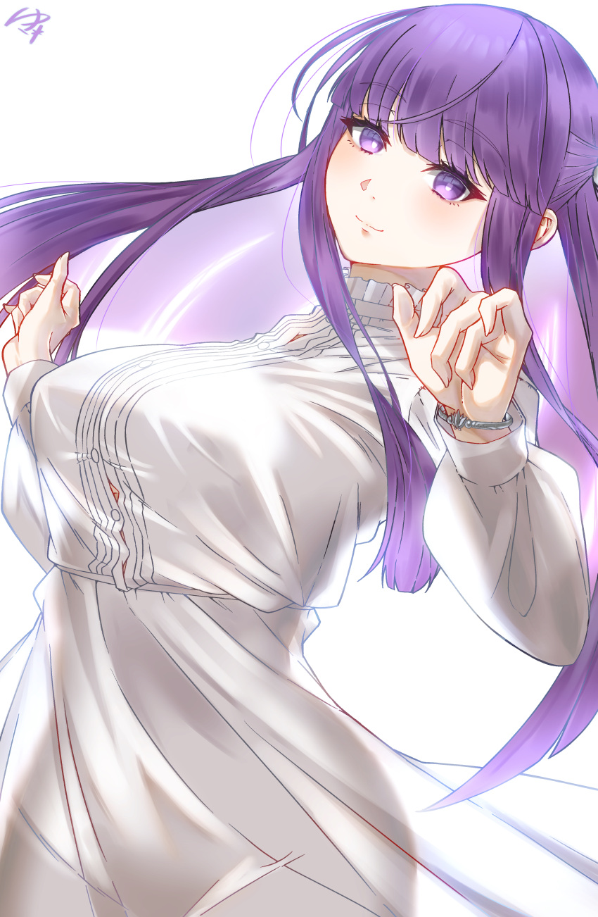 1girl absurdres blunt_bangs blunt_ends blush breasts button_gap collar commentary_request dress fern_(sousou_no_frieren) frilled_collar frills hands_up highres jewelry lips long_dress long_hair long_sleeves otogibanashi puffy_sleeves purple_hair see-through signature simple_background smile solo sousou_no_frieren upper_body violet_eyes white_background wristband
