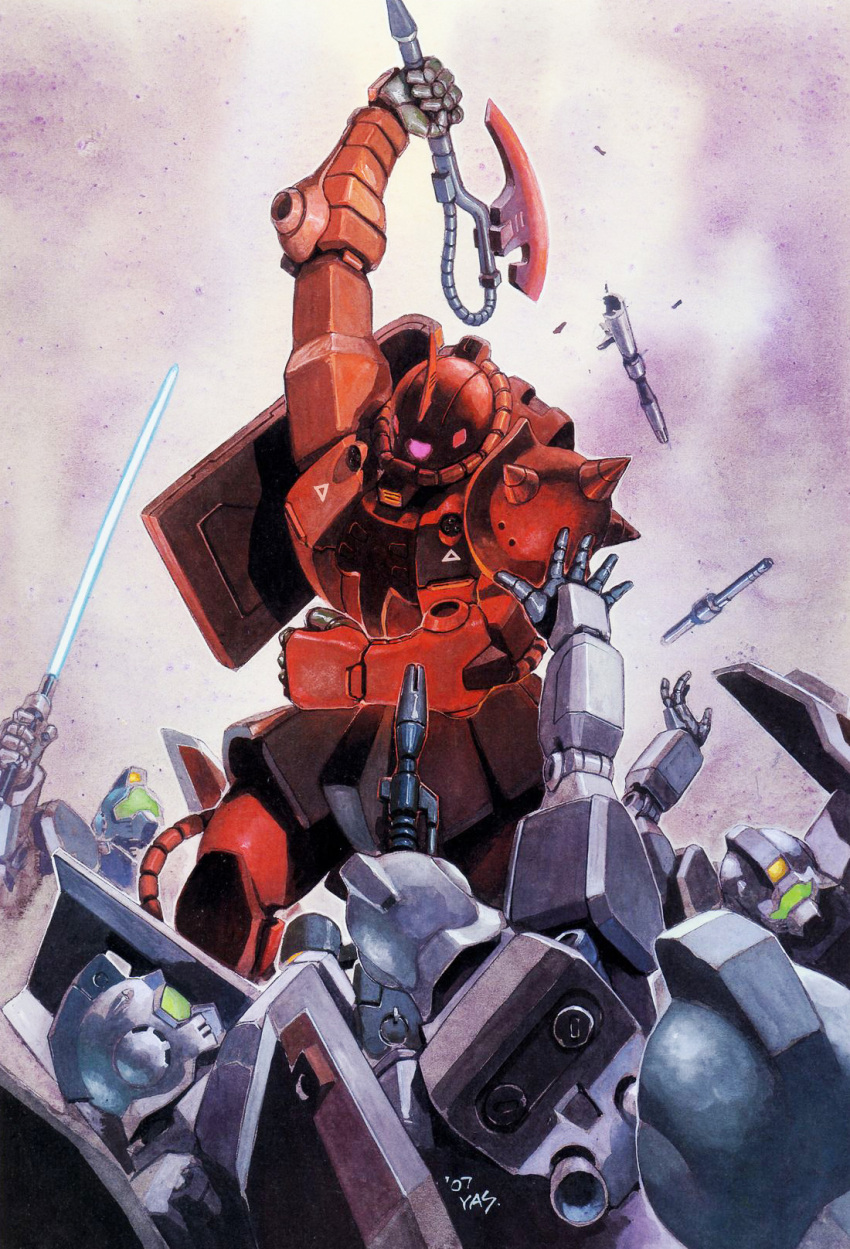 1980s_(style) 2006 army battle beam_rifle beam_saber broken char_aznable cover damaged dated earth_federation energy_gun gm_(mobile_suit) gundam heat_hawk highres magazine_cover mecha military mobile_suit mobile_suit_gundam no_humans official_art one-eyed promotional_art retro_artstyle robot scan science_fiction shield shoulder_spikes signature spikes surrounded thrusters traditional_media weapon yasuhiko_yoshikazu zaku_ii_s_char_custom zeon