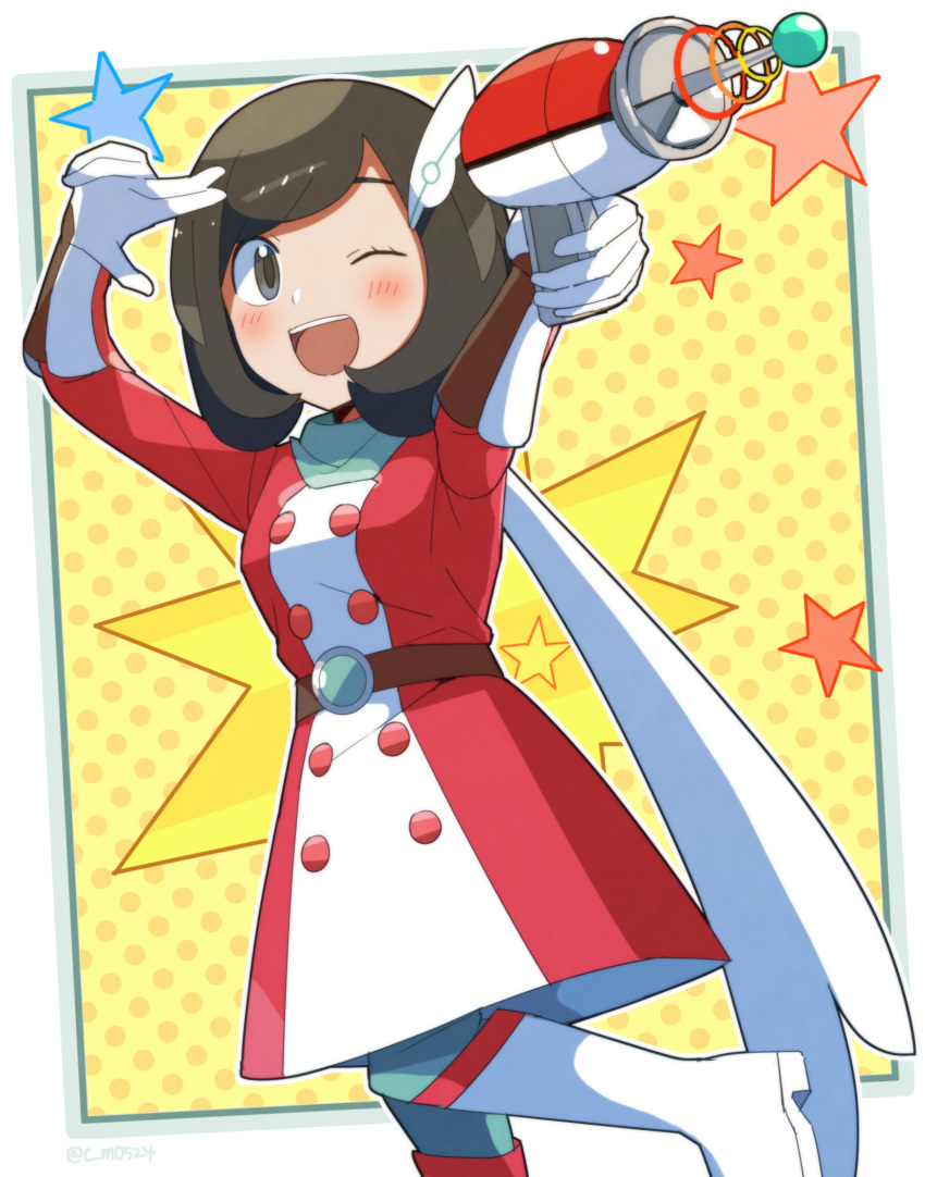 1girl ;d black_eyes black_hair blush boots commentary_request dress energy_gun gloves gun hair_ornament highres holding holding_gun holding_weapon knee_boots official_alternate_costume one_eye_closed open_mouth pokemon pokemon_masters_ex ray_gun red_dress selene_(pokemon) selene_(special_costume)_(pokemon) shinozaki_naruse smile solo star_(symbol) teeth two-tone_dress upper_teeth_only weapon white_dress white_footwear white_gloves