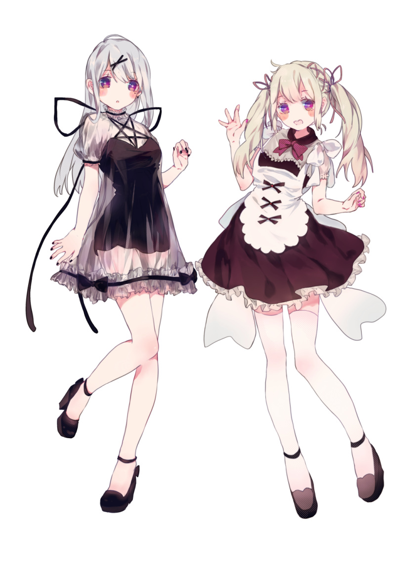2girls :d apron black_dress black_footwear black_nails black_ribbon blonde_hair blush bou_shaku bow bowtie breasts dress frilled_dress frills full_body grey_hair hair_between_eyes hair_ornament hair_ribbon hairclip hand_up high_heels highres long_hair looking_at_viewer maid maid_headdress medium_breasts mole mole_under_eye multiple_girls nail_polish open_mouth original parted_lips pink_nails puffy_short_sleeves puffy_sleeves red_bow red_bowtie ribbon see-through see-through_sleeves shoes short_sleeves simple_background small_breasts smile standing standing_on_one_leg thigh-highs twintails violet_eyes white_background white_thighhighs x_hair_ornament zettai_ryouiki