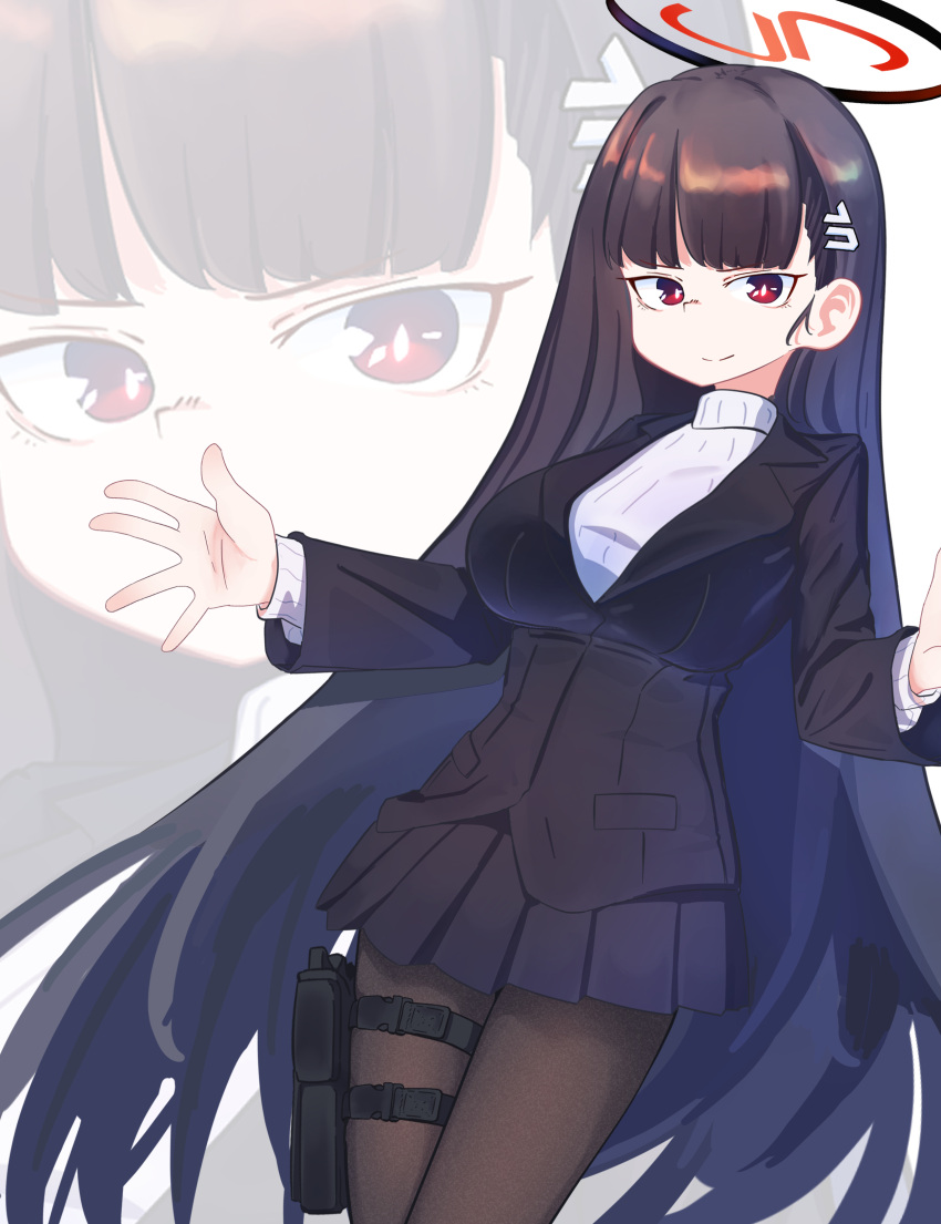1girl absurdres black_hair black_halo black_pantyhose black_skirt blue_archive blunt_bangs breasts bright_pupils hair_ornament hairclip hairpin halo hexaa highres large_breasts long_hair long_sleeves looking_at_viewer miniskirt pantyhose pleated_skirt red_eyes ribbed_sweater rio_(blue_archive) skirt smile sweater turtleneck turtleneck_sweater very_long_hair white_pupils white_sweater zoom_layer
