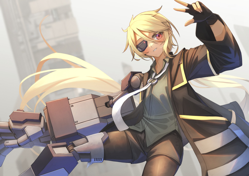 1girl absurdres blonde_hair coat fingerless_gloves flat_chest gloves green_shirt highres hoshi_shimeji_(yuki-e-toriusu1) joints long_hair low_twintails metal_eyepatch original pantyhose_under_shorts parted_lips prosthesis prosthetic_arm prosthetic_leg red_eyes robot_joints science_fiction shirt shorts solo twintails very_long_hair