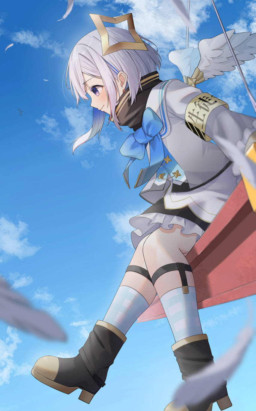 1girl absurdres ai_(u_e_o_o) amane_kanata amane_kanata_(1st_costume) angel_wings armband black_footwear black_skirt blue_bow blue_bowtie blue_sky blue_socks blurry blurry_foreground blush boots bow bowtie closed_mouth clouds cloudy_sky commentary_request day falling_feathers feathered_wings feathers foot_out_of_frame frilled_skirt frills from_side gingham_socks grey_hair grey_jacket halo highres hololive indoors jacket legwear_garter long_sleeves mini_wings miniskirt outdoors profile sailor_collar short_hair sidelocks sitting skirt sky smile socks solo star_halo turtleneck violet_eyes virtual_youtuber white_sailor_collar white_wings wings