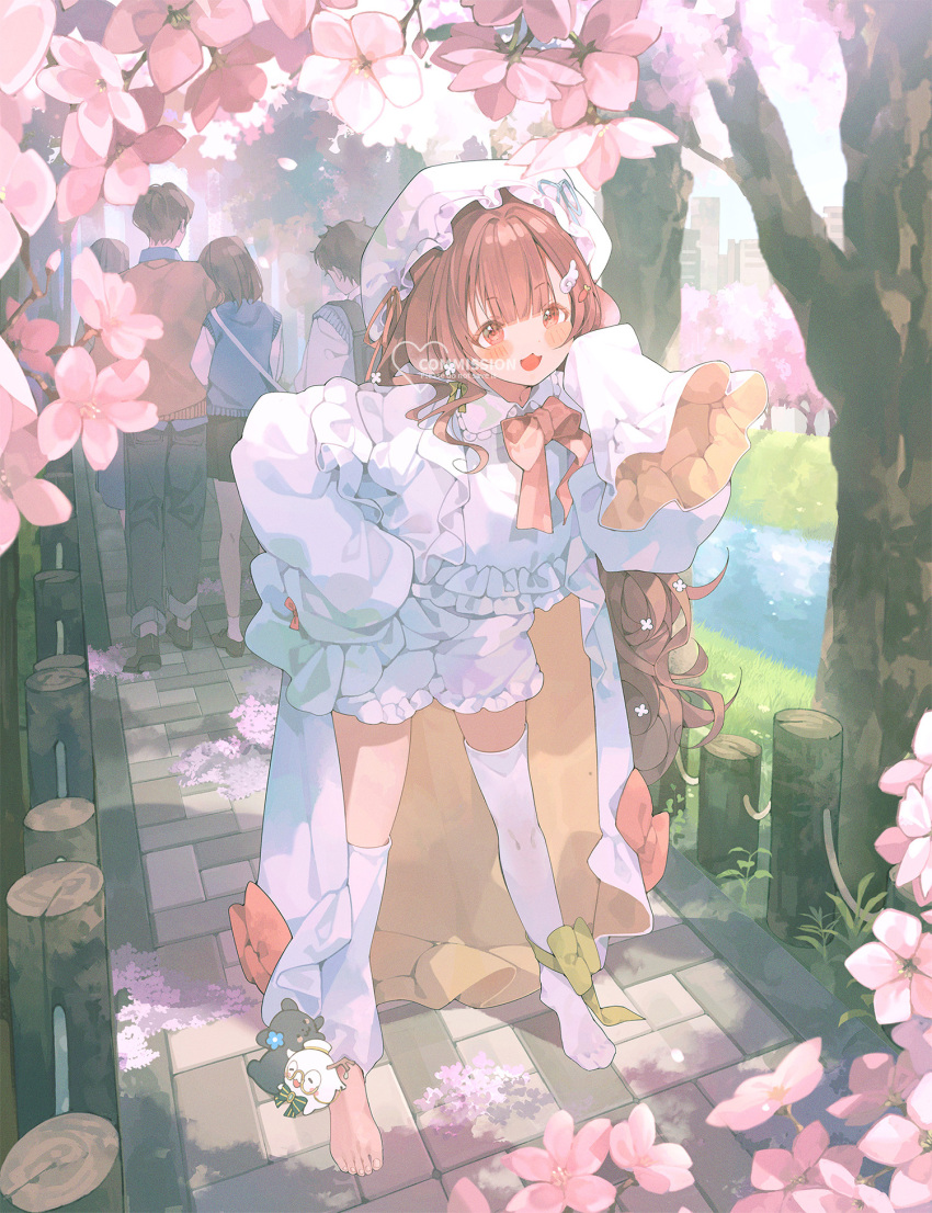 2boys 3girls :3 asymmetrical_legwear blush bow bowtie brown_hair cape charm_(object) cherry_blossoms cherry_tree commentary commission flower frilled_shorts frills hand_on_own_hip hat highres long_hair looking_at_viewer loose_leg_warmer mob_cap multiple_boys multiple_girls no_shoes open_mouth original outdoors patch_oxxo pink_flower red_bow red_bowtie red_eyes shorts single_barefoot single_thighhigh sleeves_past_fingers sleeves_past_wrists solo_focus standing symbol-only_commentary thigh-highs very_long_hair white_cape white_hat white_shorts white_thighhighs