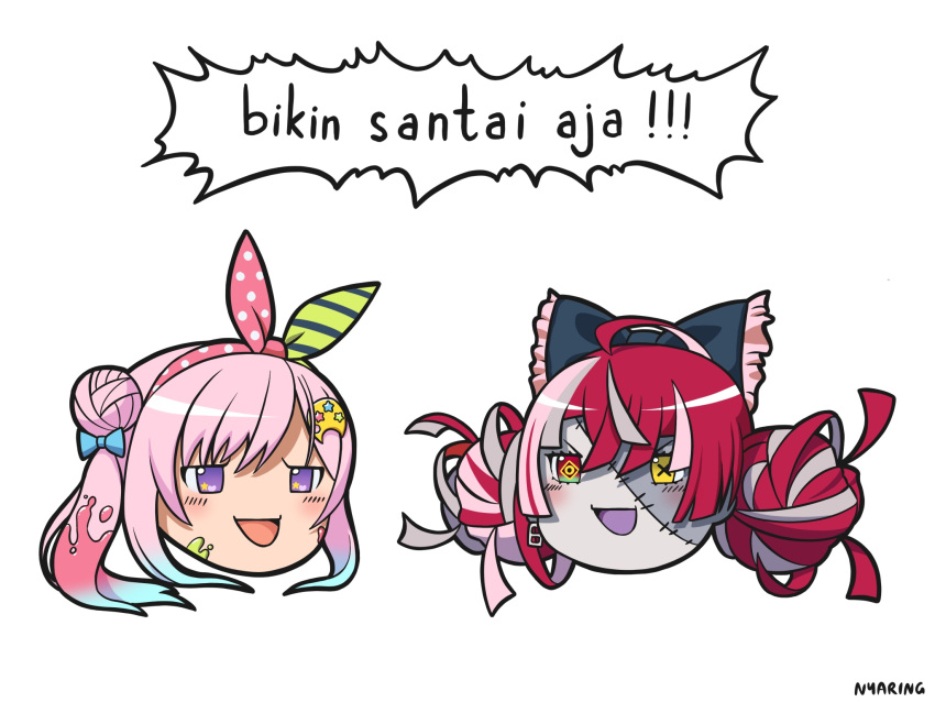 2girls airani_iofifteen blue_hair bow colored_skin commentary_request double_bun earrings green_eyes grey_hair grey_skin hair_bow hair_bun hairband heterochromia highres hololive hololive_indonesia indonesian_commentary indonesian_text jewelry kureiji_ollie multicolored_eyes multiple_girls nyaring943 paint patchwork_skin pink_hair red_eyes redhead side_ponytail signature single_earring single_side_bun star_(symbol) star_in_eye stitched_face stitches symbol_in_eye translation_request violet_eyes virtual_youtuber yellow_eyes yukkuri_shiteitte_ne zombie