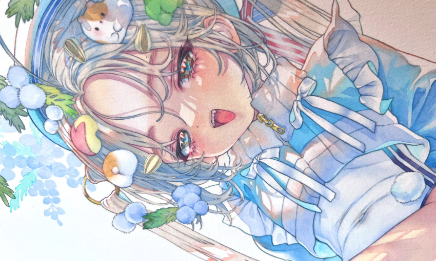 1girl apple_rabbit blue_eyes blush commentary_request covered_navel crop_top flat_chest food food_art grey_hair hamster_hair_ornament highres long_hair looking_at_viewer nanakami_mana open_mouth original painting_(medium) photo_(medium) sharp_teeth smile solo teeth traditional_media twintails upper_body watercolor_(medium)