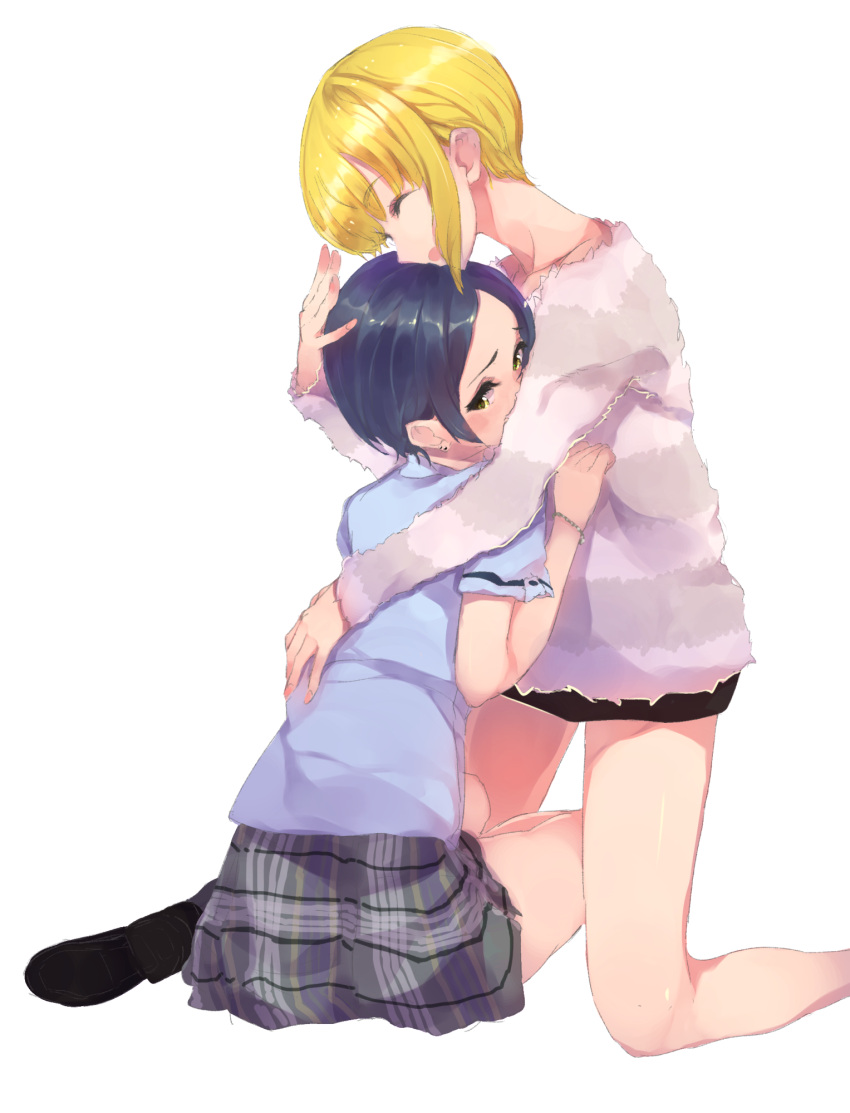 2girls ^_^ bare_legs blonde_hair blue_hair blue_shirt blush closed_eyes dark_blue_hair hand_on_another's_head hayami_kanade highres idolmaster idolmaster_cinderella_girls kneeling miyamoto_frederica multiple_girls school_uniform shirt short_hair sideways_glance simple_background sitting striped_clothes striped_shirt wawawa_(hisuterisisusa) white_background yuri