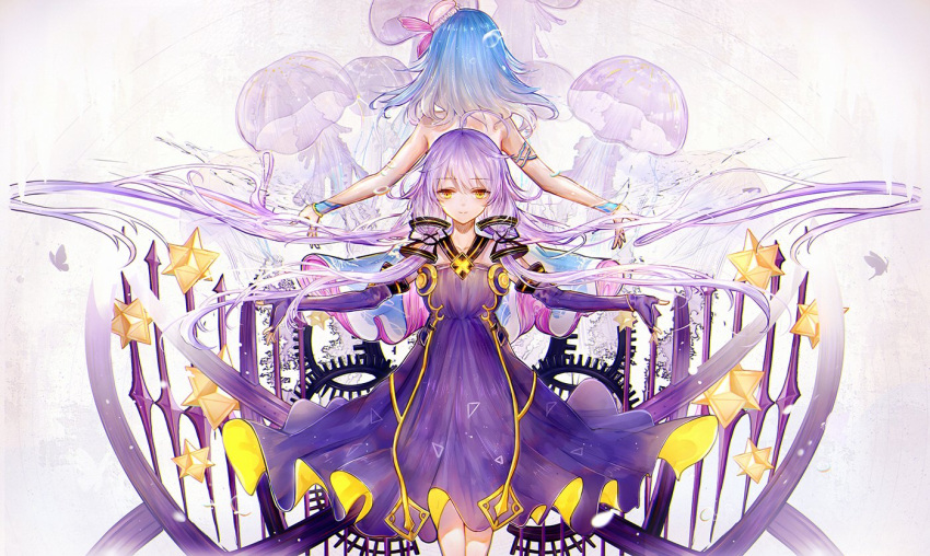 2girls back-to-back bai_qi-qsr bare_shoulders blue_hair blush brown_eyes closed_mouth collarbone commentary dress elbow_gloves floating_hair gloves hair_between_eyes hair_spread_out haiyi halterneck jellyfish long_hair medium_hair multiple_girls outstretched_arms photoshop_(medium) purple_dress purple_gloves purple_hair quad_tails siblings sisters smile spread_arms star_trail stellated_octahedron symbol-only_commentary synthesizer_v two-sided_dress two-sided_fabric very_long_hair vocaloid white_background wrist_cuffs xingchen