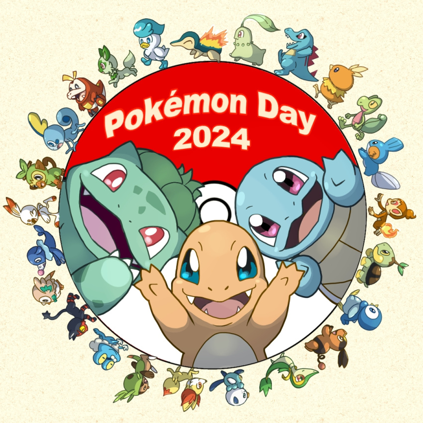 ^_^ animal_focus arms_up black_eyes blue_eyes bright_pupils bulbasaur charmander chespin chikorita chimchar cinderace claws closed_eyes closed_mouth colored_sclera commentary_request copyright_name cyndaquil dated everyone fangs fennekin fiery_tail fire froakie fuecoco full_body grookey happy leaf litten looking_at_viewer monya mudkip no_humans open_mouth oshawott partial_commentary piplup poke_ball_symbol pokemon pokemon_(creature) popplio profile quaxly red_eyes round_image rowlet smile snivy sobble sprigatito squirtle straight-on tail tepig torchic totodile treecko turtwig upper_body violet_eyes walking white_pupils yellow_sclera