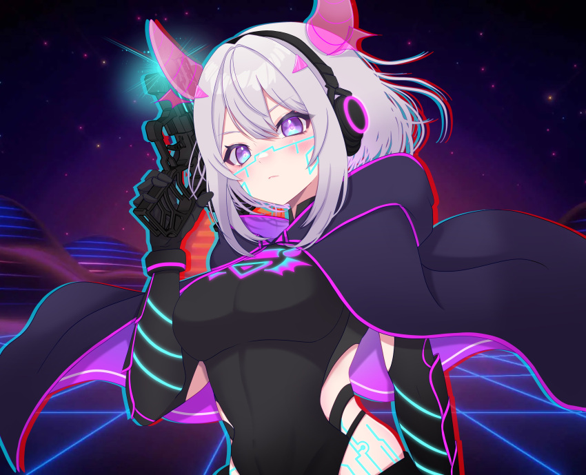 1girl absurdres black_bodysuit black_cape bob_cut bodysuit breasts cape detached_horns gradient_hair gradient_horns gun hair_intakes headphones highres hip_vent holding holding_gun holding_weapon holographic_horns horns indie_virtual_youtuber looking_at_viewer medium_hair motherv3 multicolored_eyes multicolored_hair multicolored_horns neon_trim pink_horns purple_cape purple_horns solo touching_tail two-sided_cape two-sided_fabric two-tone_eyes violet_eyes virtual_youtuber weapon